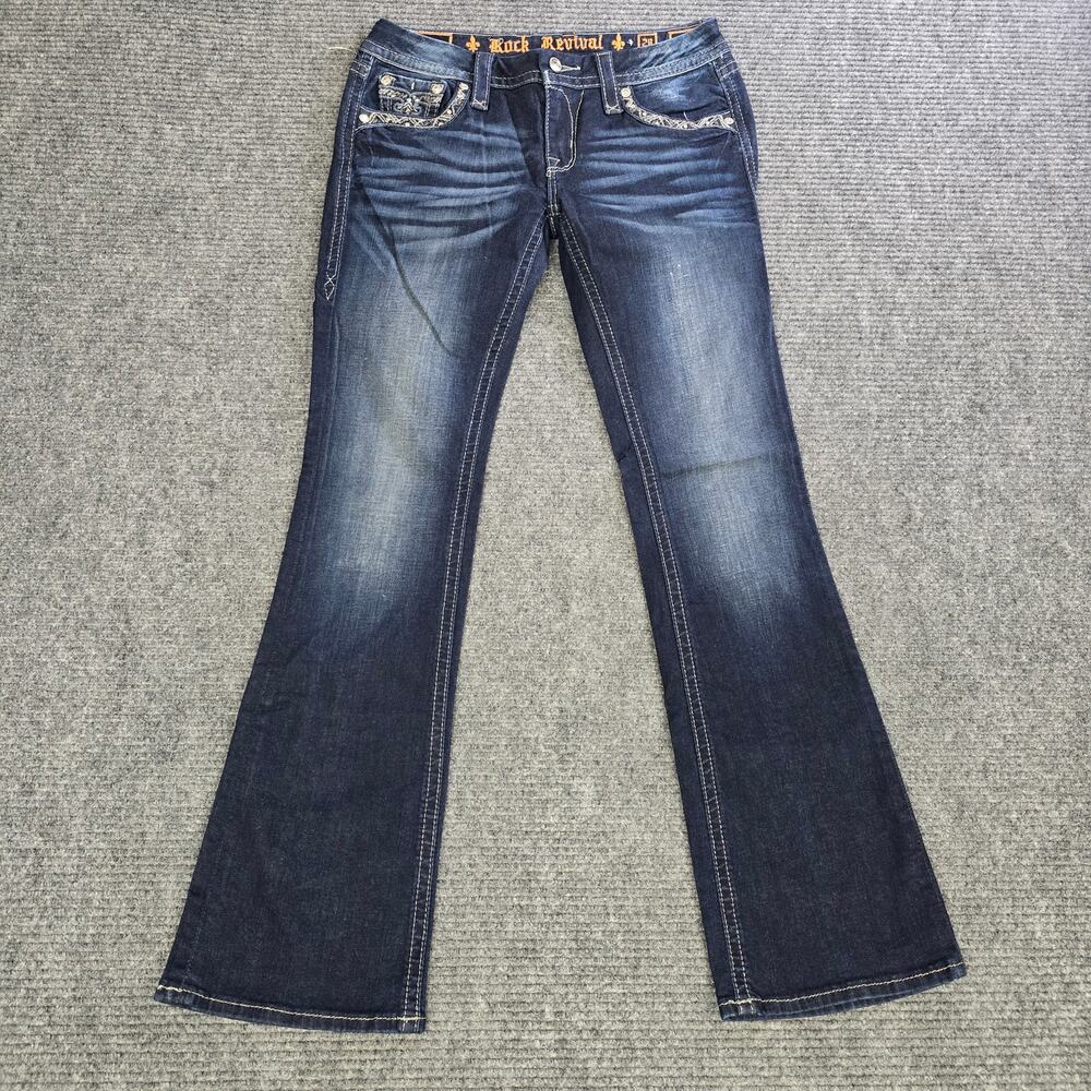 Rock Revival Jazlyn Jeans Womens 28x32 Dark Blue Bootcut Studded Y2K Western